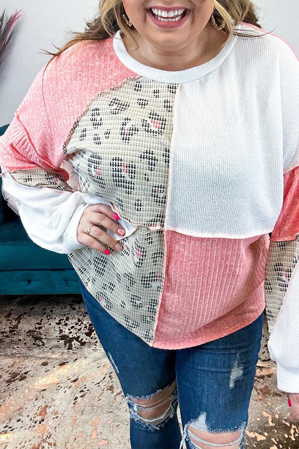 Leopard Patchwork Color Block Knitted Plus Size Top - L & M Kee, LLC