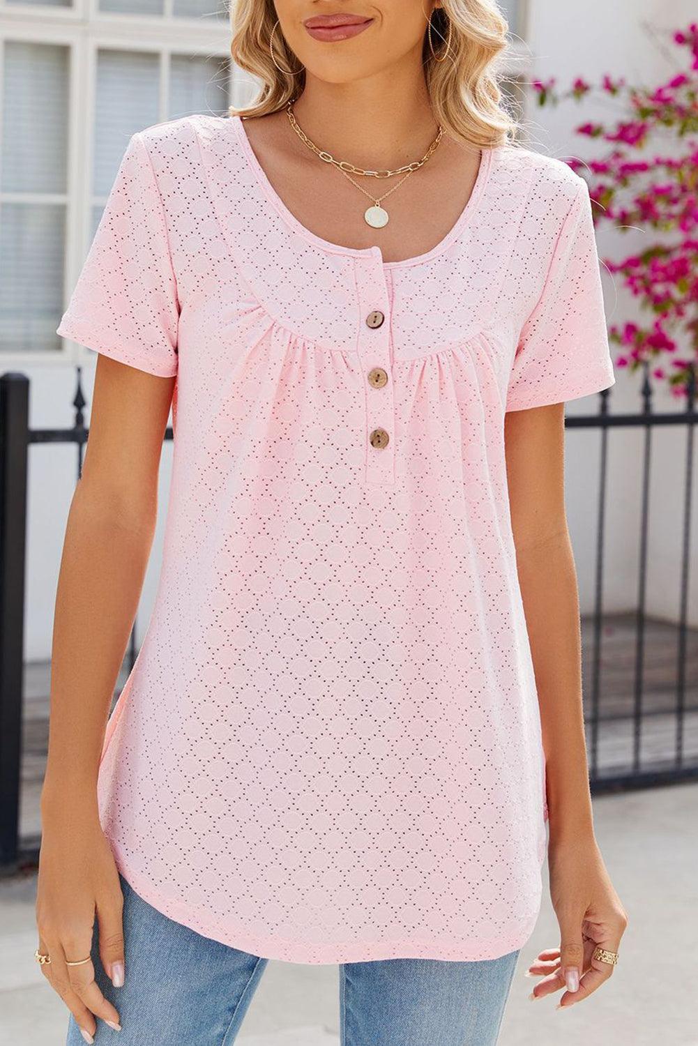 Light Pink Eyelet Short Sleeve Buttoned Round Neck Top - L & M Kee, LLC