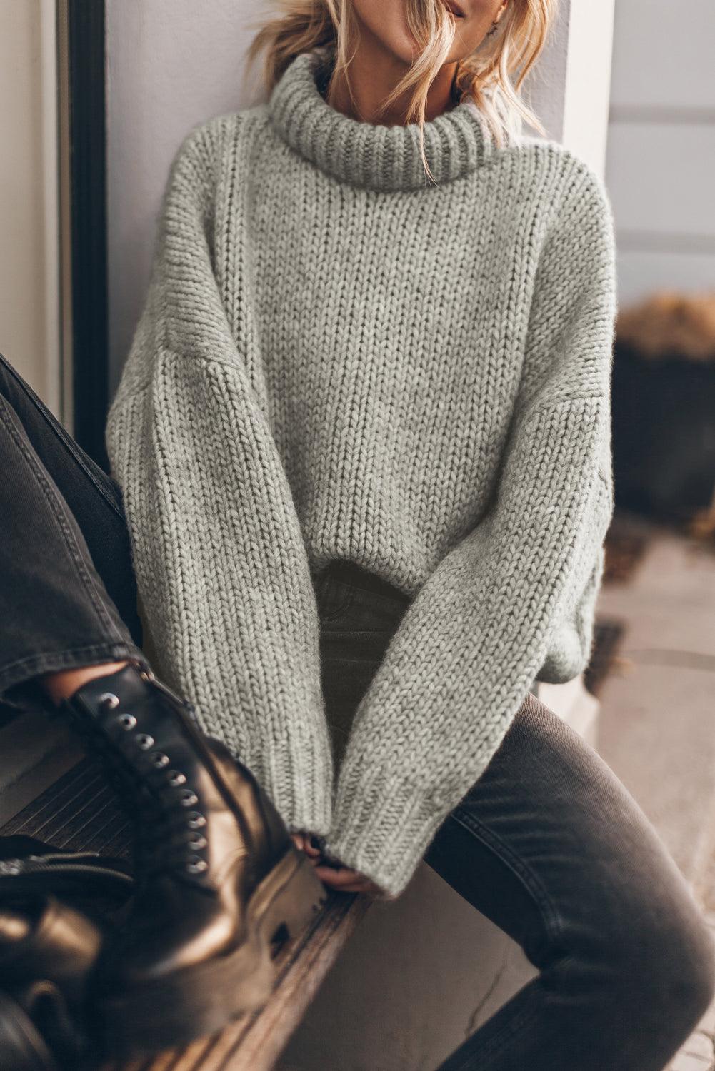 Light Grey Chunky Knit Turtle Neck Drop Shoulder Sweater - L & M Kee, LLC