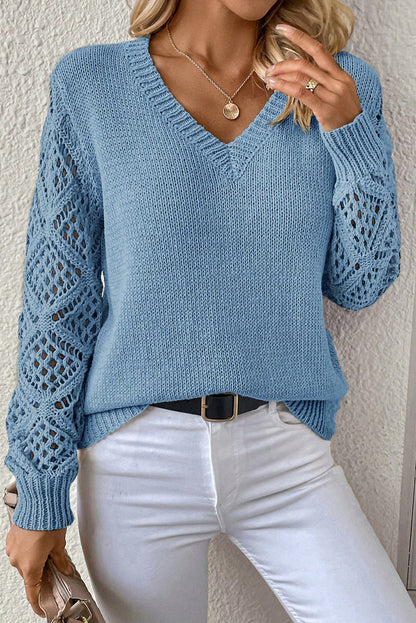 Beau Blue Solid V Neck Pointelle Knit Sleeve Patchwork Sweater