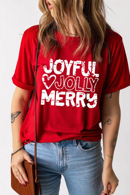 Red JOYFUL JOLLY MERRY Heart Print Crew Neck T Shirt - L & M Kee, LLC