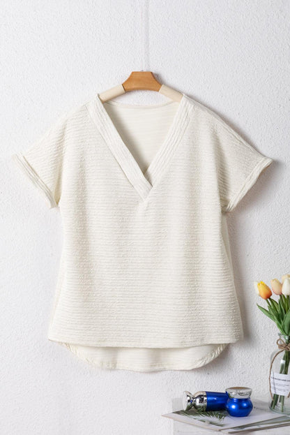 Pale Khaki Textured Wide Sleeve V Neck T Shirt - L & M Kee, LLC