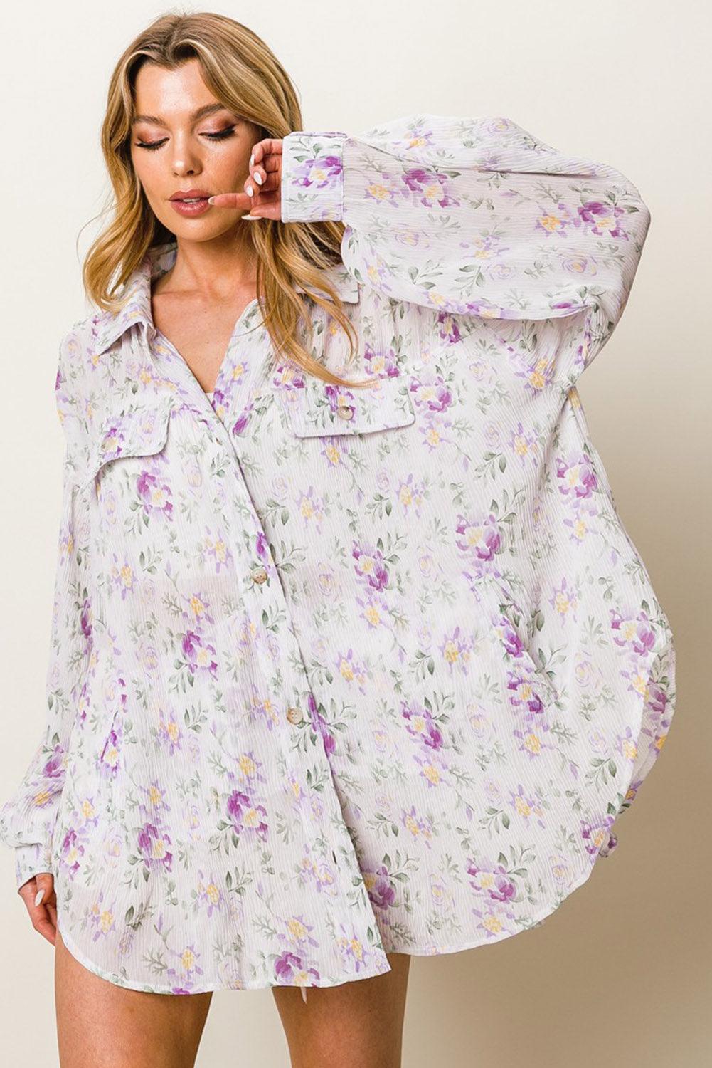 Purple Floral Print Pleated Flap Pocket Shirt - L & M Kee, LLC