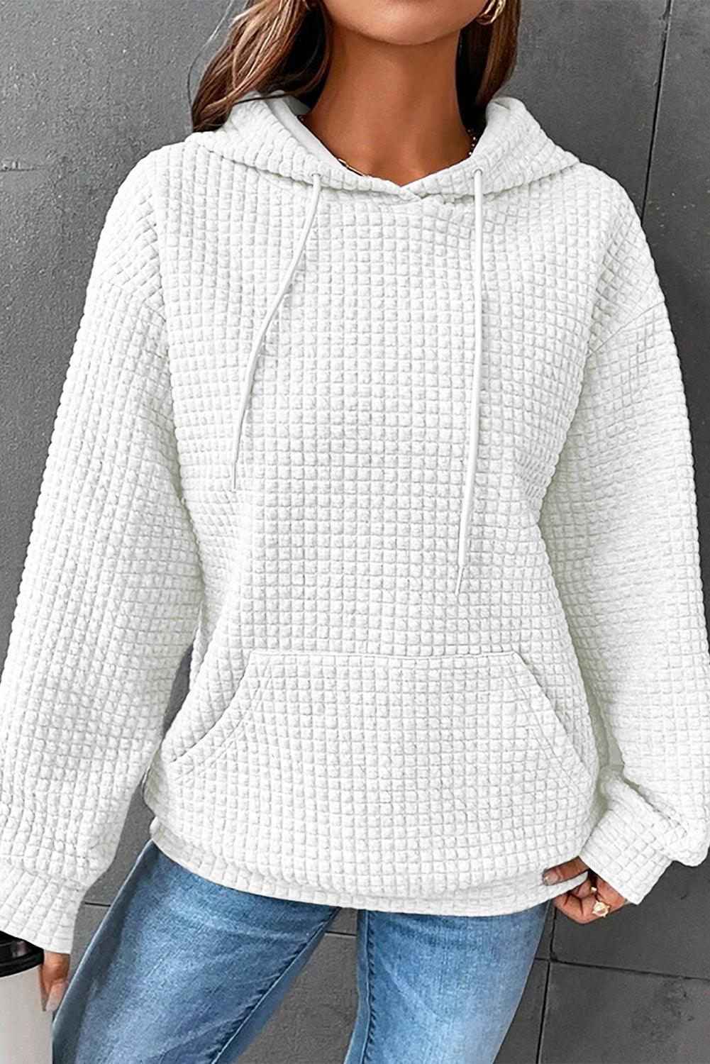 White Lattice Textured Kangaroo Pocket Drawstring Hoodie - L & M Kee, LLC