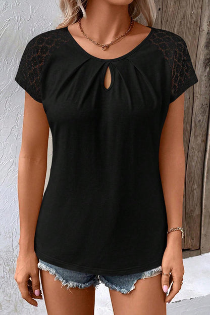 Black Contrast Lace Sleeve Keyhole Decor Top - L & M Kee, LLC