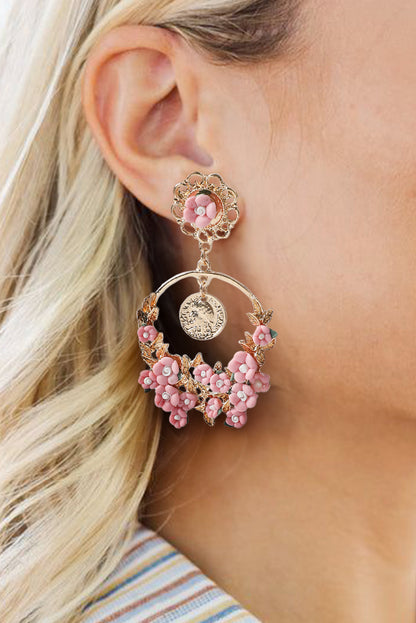 Pink Flower Decor Cut Out Stud Dangle Earrings