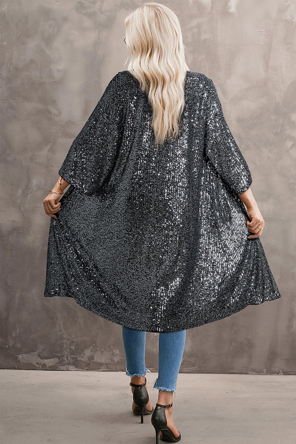 Silvery Sequin 3/4 Sleeve Kimono - L & M Kee, LLC