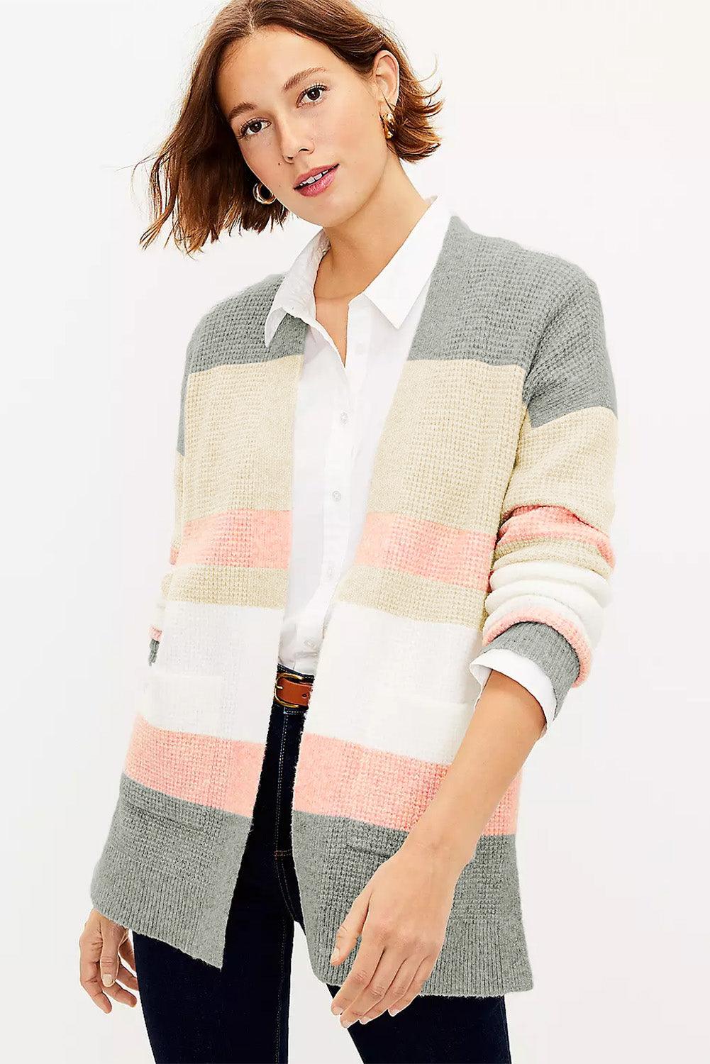 Multicolor Color Block Striped Pocketed Open Cardigan - L & M Kee, LLC