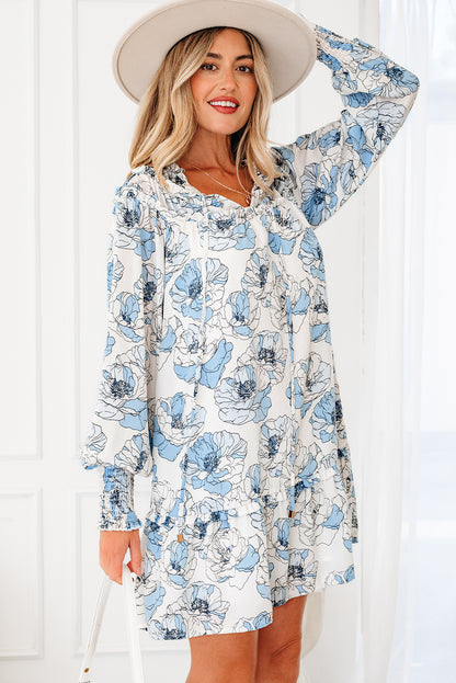 Sky Blue Floral Print Tie Neck Long Sleeve Flowy Mini Dress