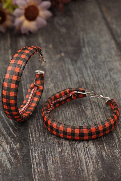 Red Dahlia Plaid Print PU Leather Hoop Earrings