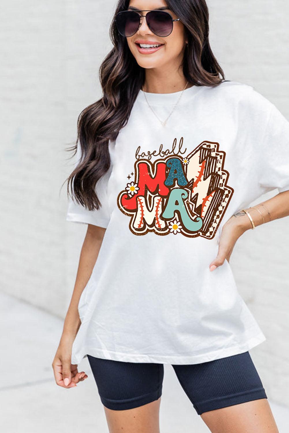 White MAMA Baseball Bolt Graphic T Shirt - L & M Kee, LLC