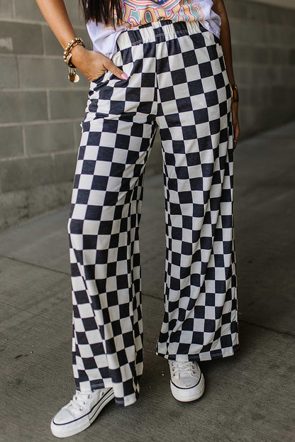 Bonbon 2-Tone Checked Print High Waist Wide Leg Pants