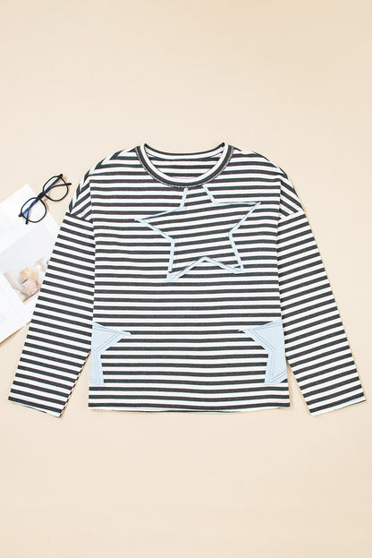 Gray Stripe Starry Patch Drop Shoulder Raw Edge Casual Knit Top