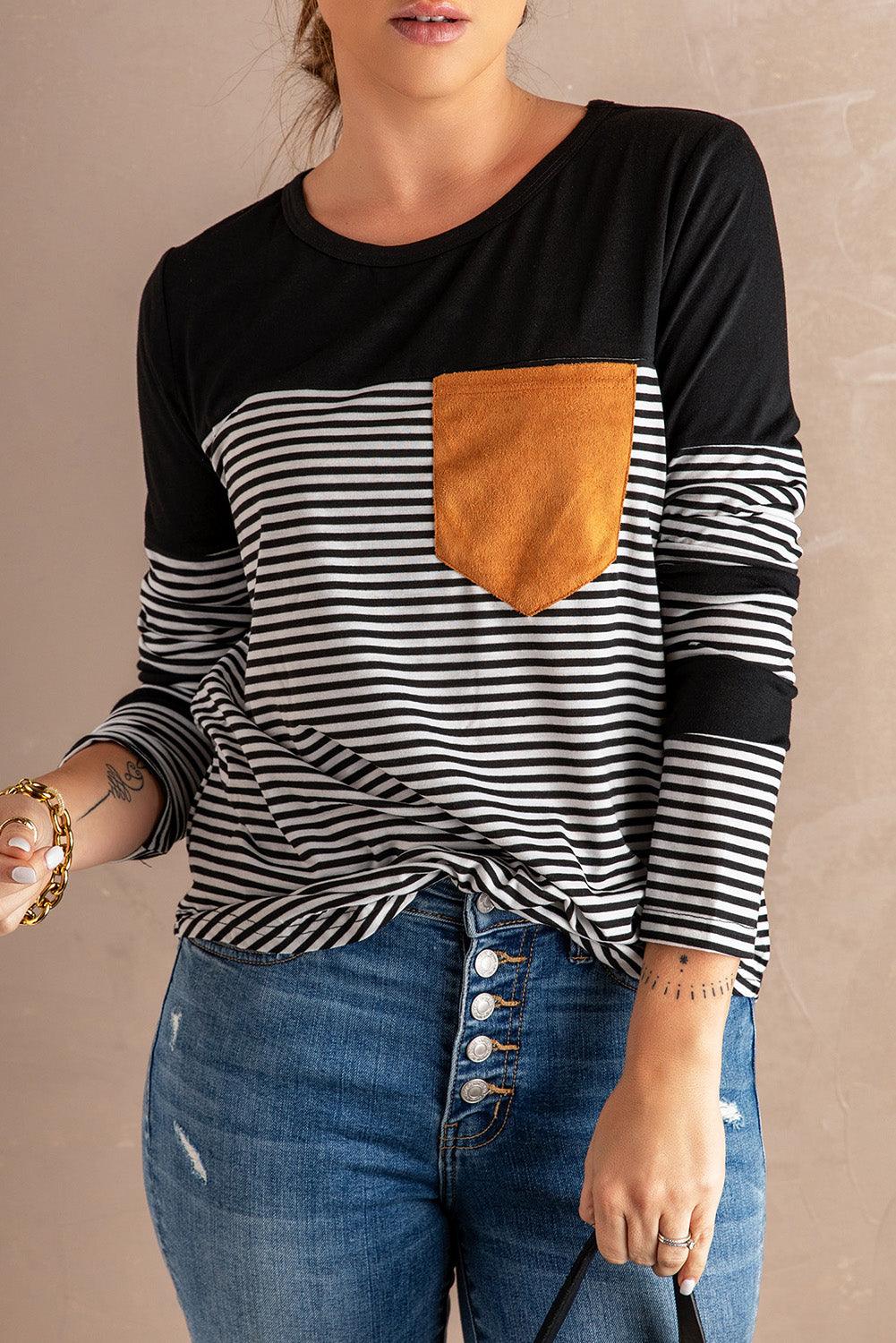 Black Pinstripe Patch Pocket Top - L & M Kee, LLC