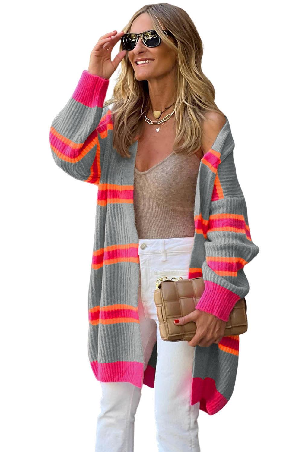 Stripe Printed Ribbed Long Knitted Cardigan - L & M Kee, LLC