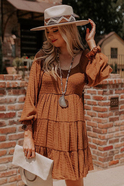 Brown Bishop Sleeve Smocked Tiered Mini Dress - L & M Kee, LLC