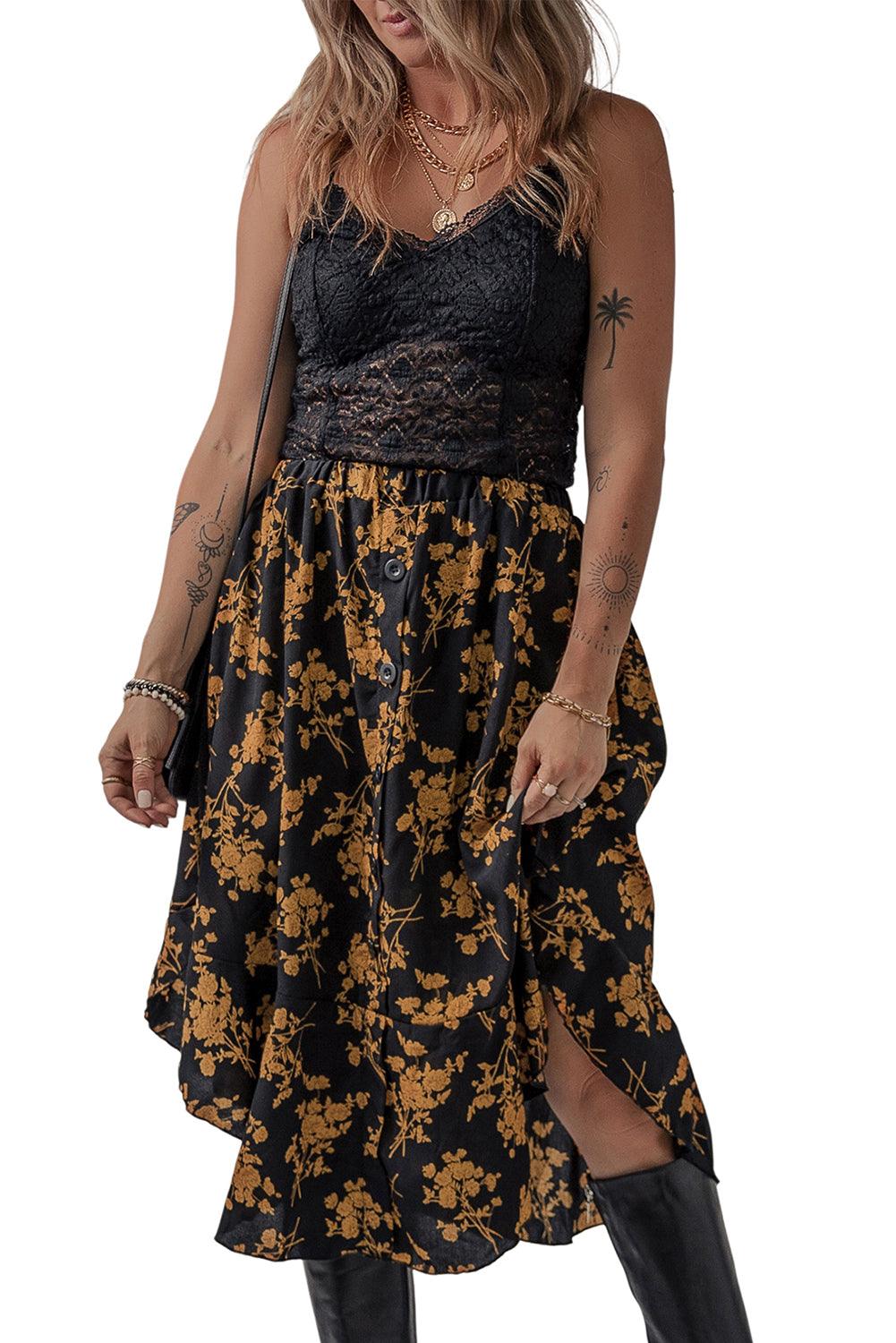 Black Printed Elastic Waist Button Decor Floral Ruffle Skirt - L & M Kee, LLC