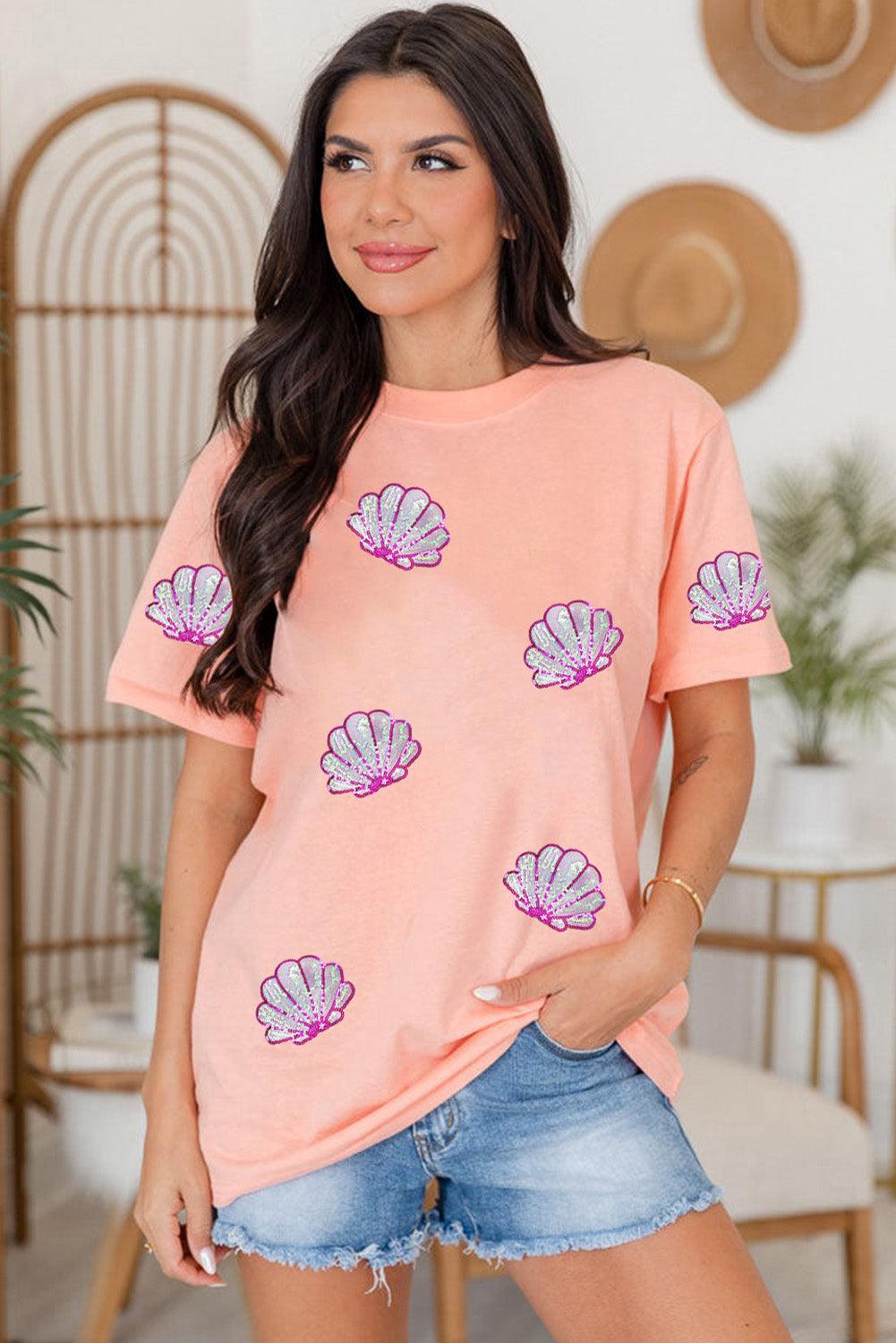 Pink Sequin Shell Graphic Round Neck T Shirt - L & M Kee, LLC