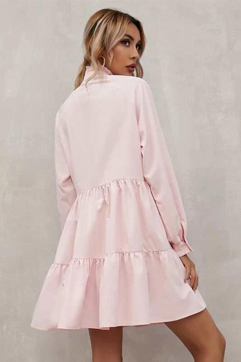 Frilled Stand Collar Long Sleeve Ruffle Dress - L & M Kee, LLC