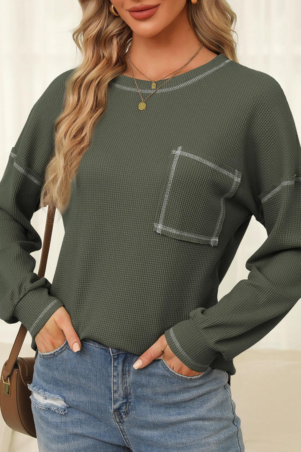 Mist Green Contrast Exposed Stitching Waffle Knit Blouse - L & M Kee, LLC