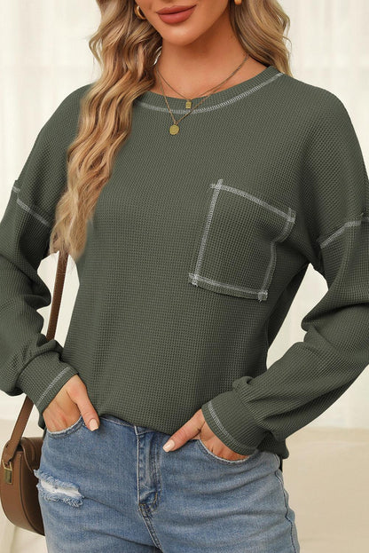 Mist Green Contrast Exposed Stitching Waffle Knit Blouse - L & M Kee, LLC