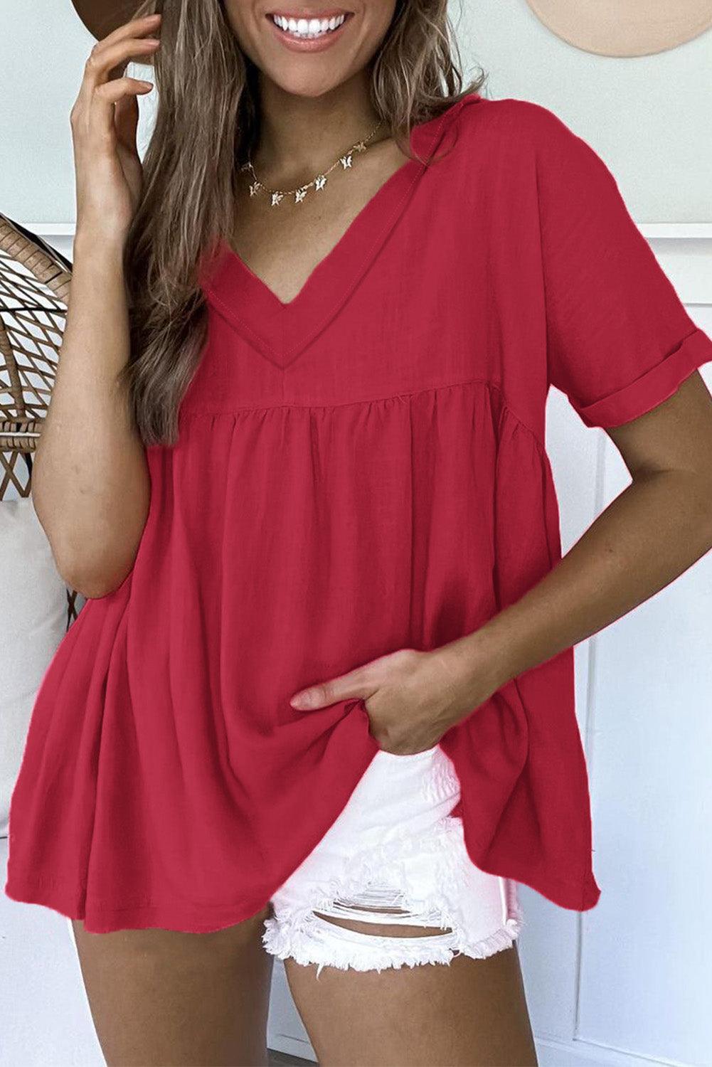 Frayed V Neck Ruffled Babydoll Blouse - L & M Kee, LLC