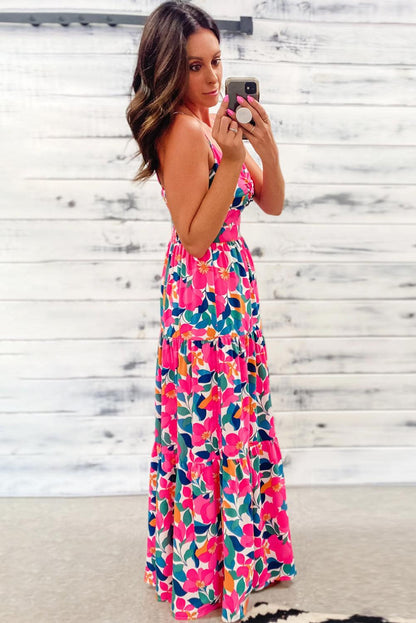 Rose Floral Twisted Smocked Back Tiered Maxi Dress - L & M Kee, LLC