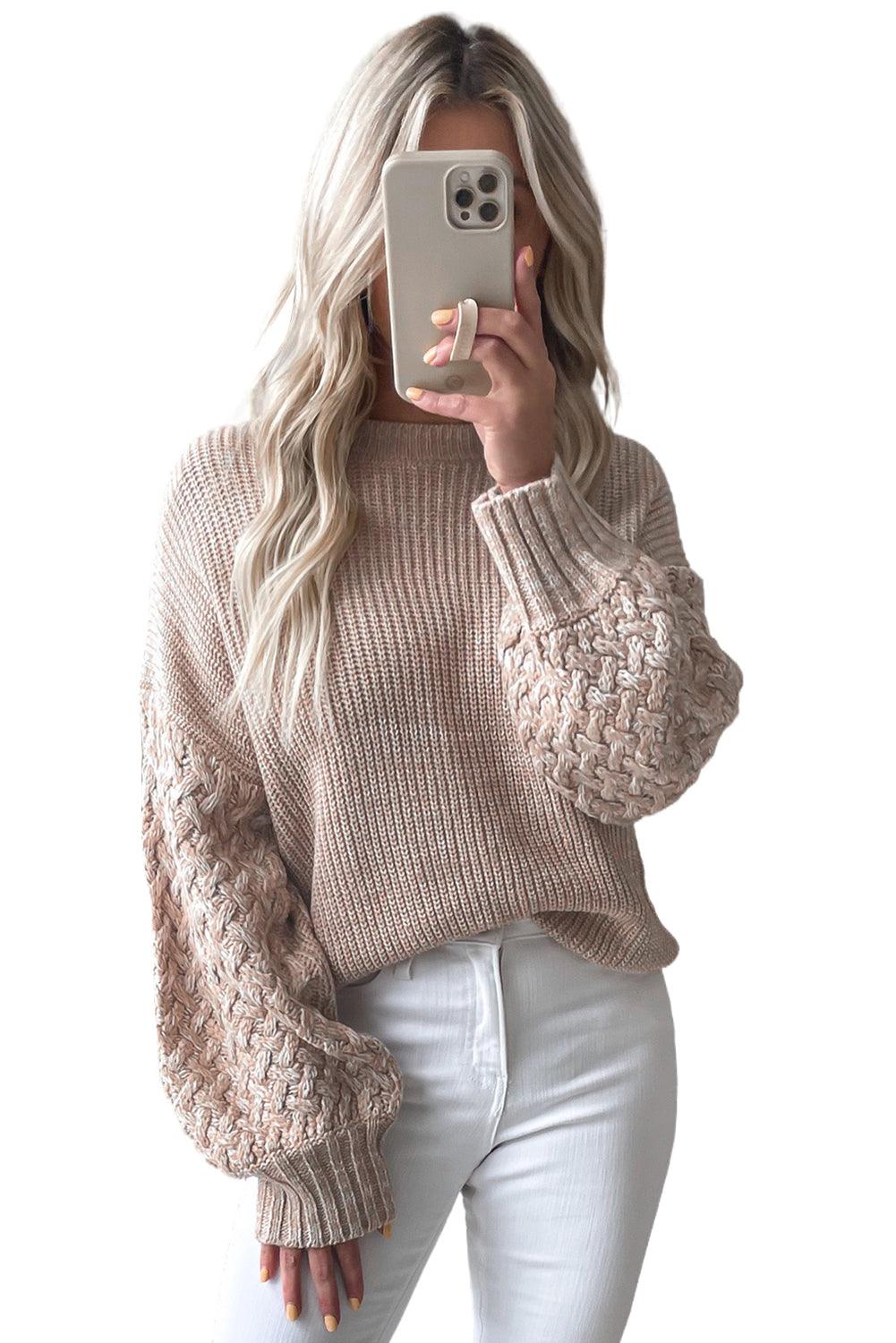 Parchment Cable Knit Sleeve Drop Shoulder Sweater - L & M Kee, LLC