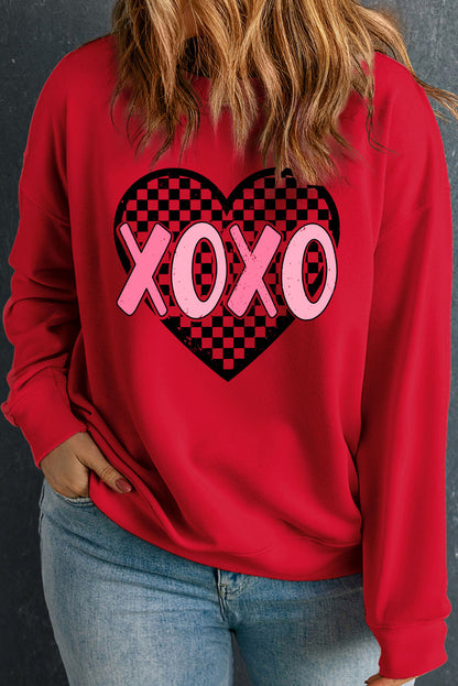 Racing Red XOXO Checkered Heart Graphic Plus Size Valentines Sweatshirt