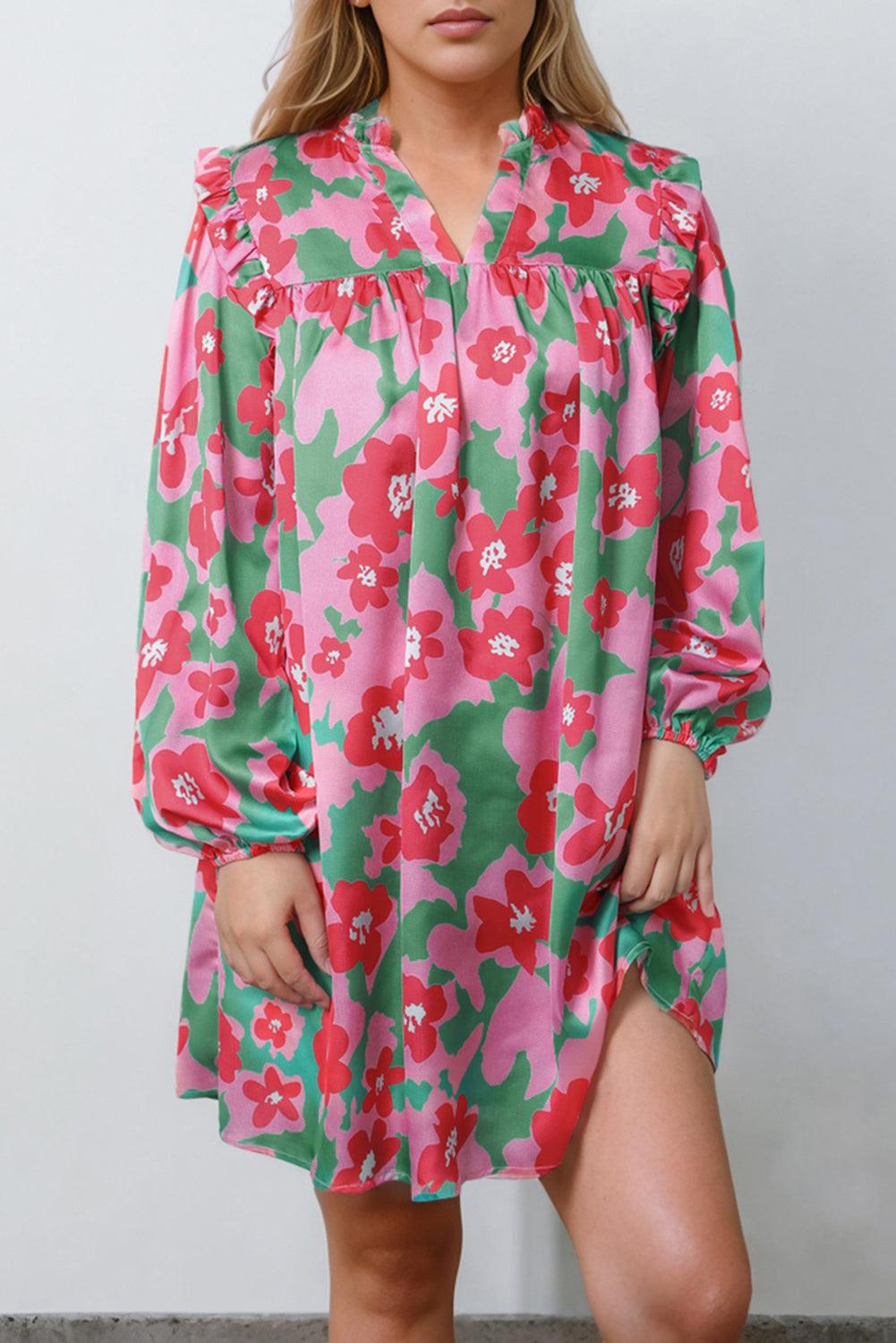 Pink Split V Neck Bubble Sleeve Loose Floral Dress - L & M Kee, LLC