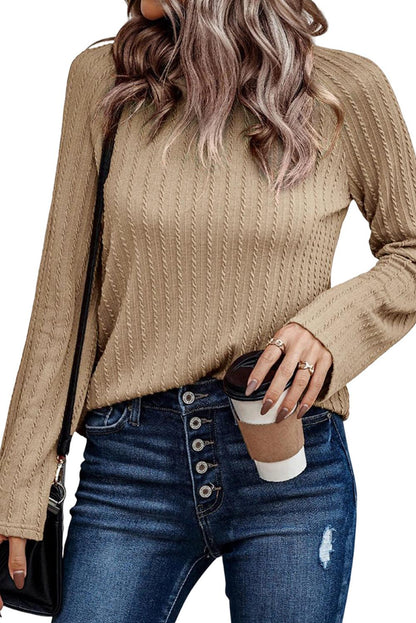 Khaki Ribbed Round Neck Knit Long Sleeve Top - L & M Kee, LLC