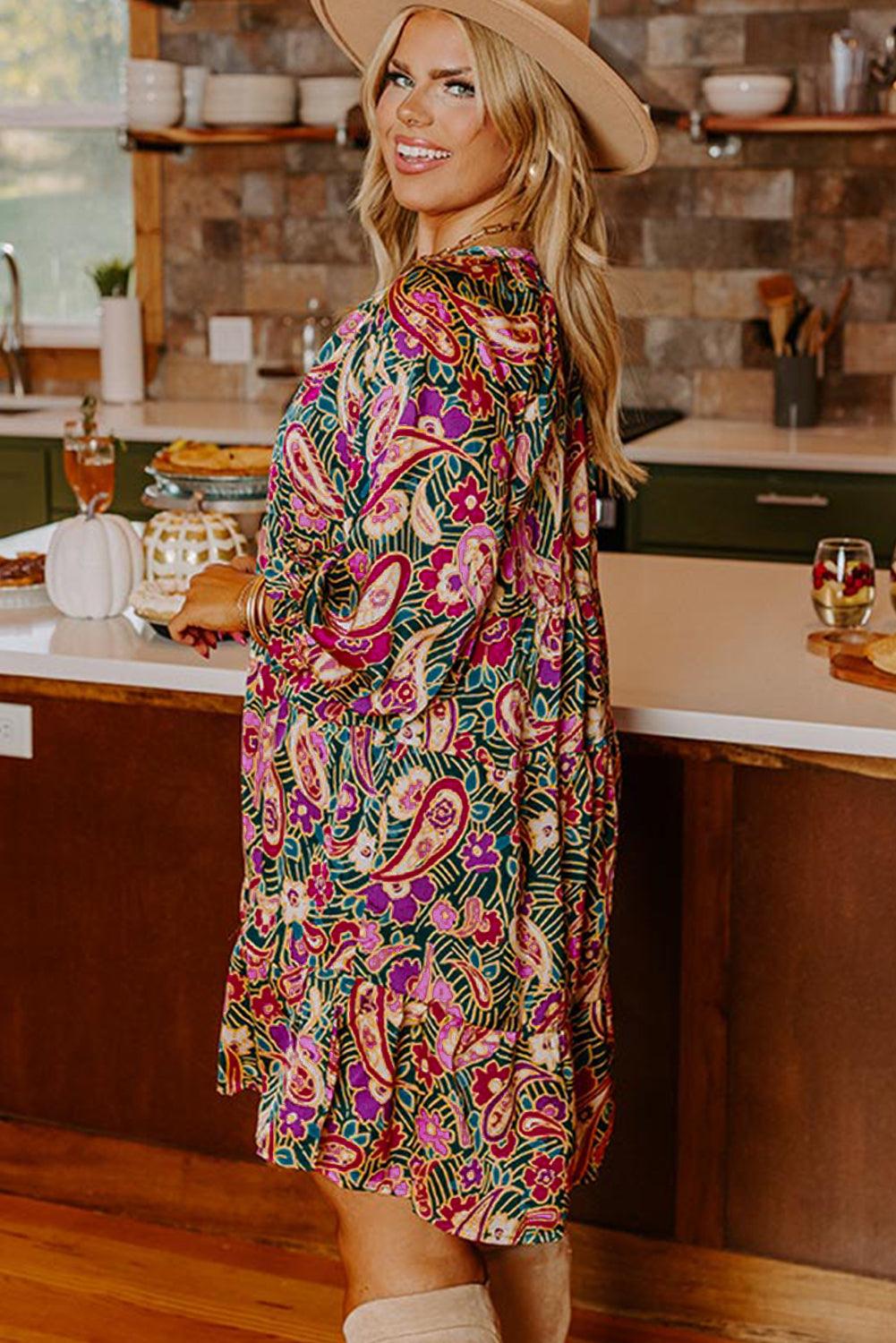 Green Paisley Floral Print Ruffled Hem Plus Size Dress - L & M Kee, LLC