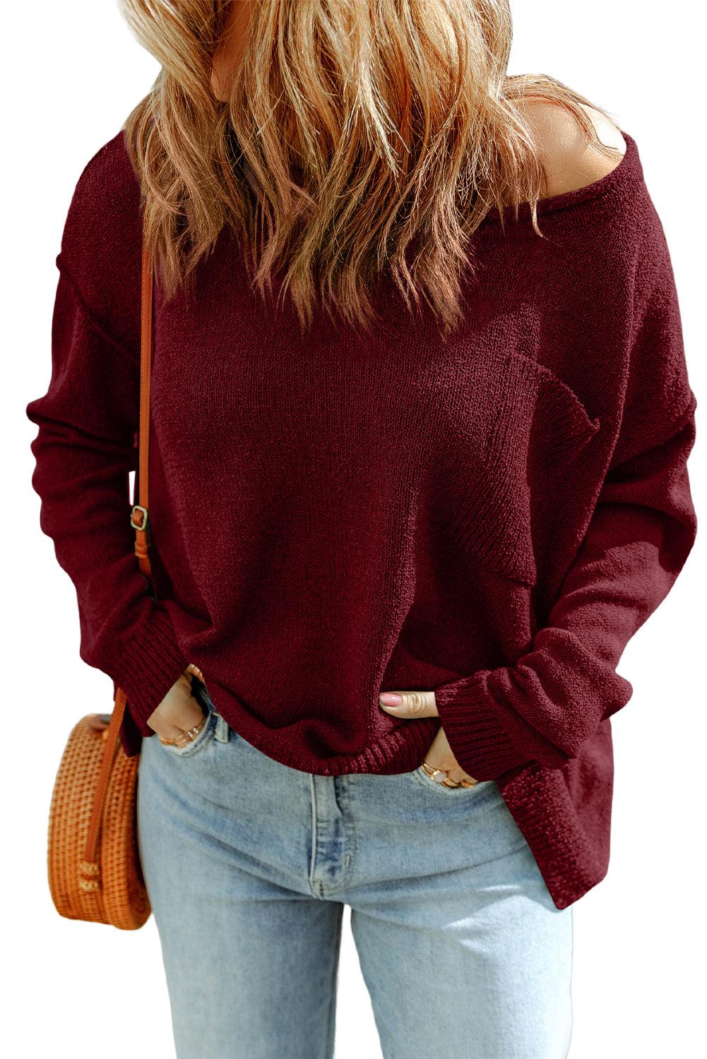 Biking Red Solid Color Off Shoulder Rib Knit Sweater with Pocket - L & M Kee, LLC