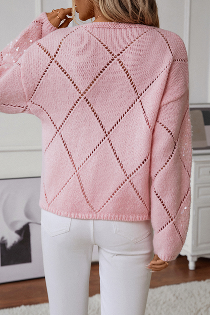 Light Pink Hollowed Rhombus Pattern Sequin Detail Round Neck Sweater