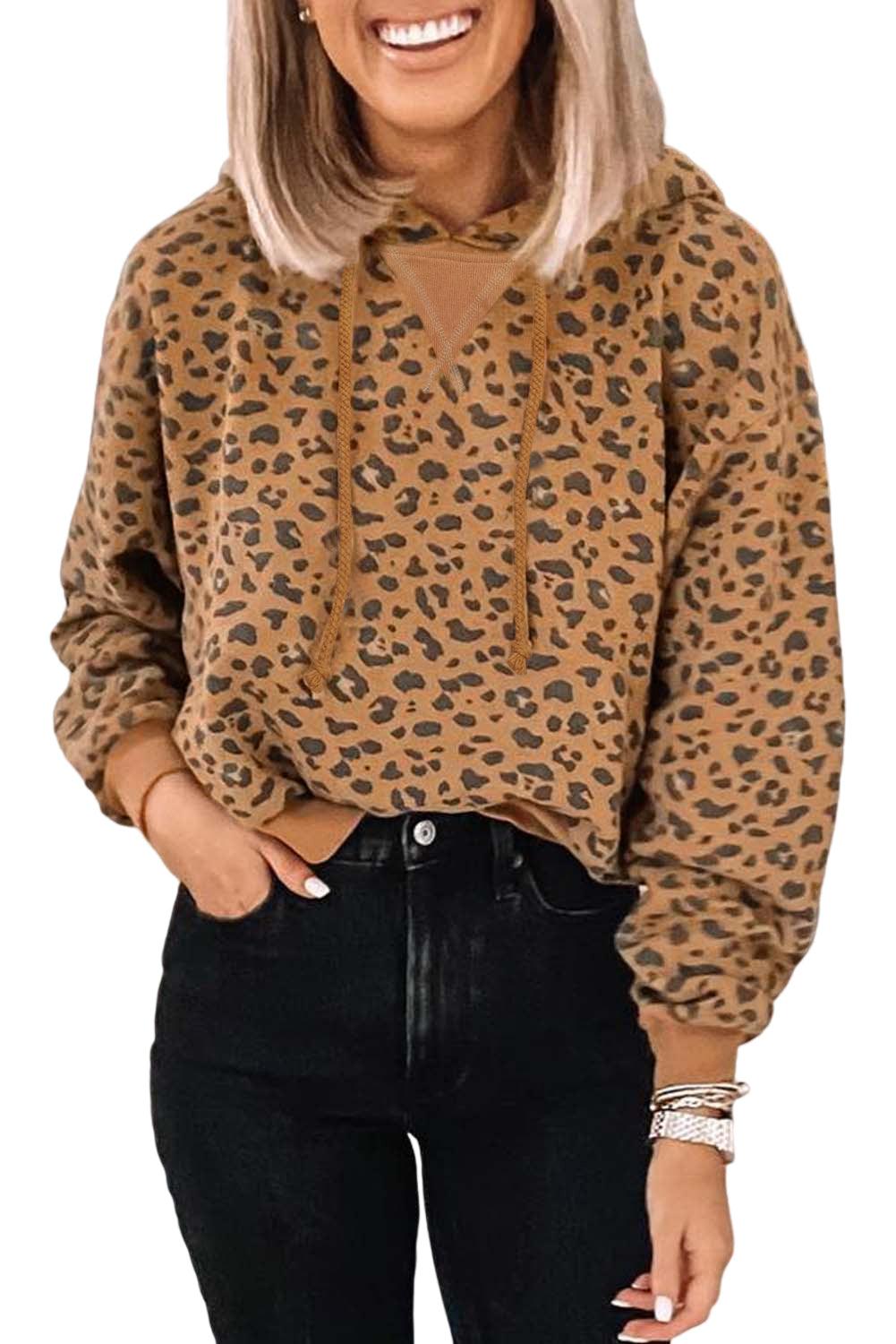 Leopard Long Sleeve Drawstring Cropped Hoodie - L & M Kee, LLC