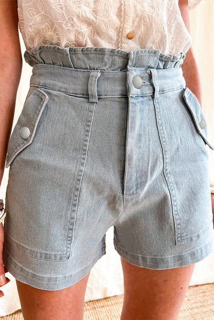 Beau Blue Ruffled High Waist Flap Pockets Denim Shorts - L & M Kee, LLC