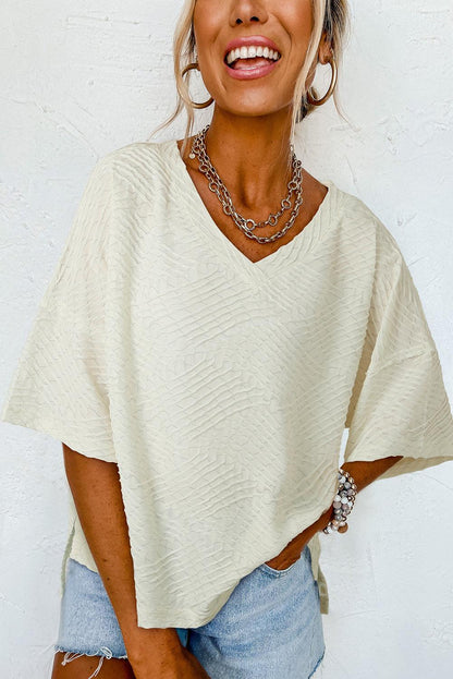 Beige V Neck Textured Split Hem Oversized Top - L & M Kee, LLC