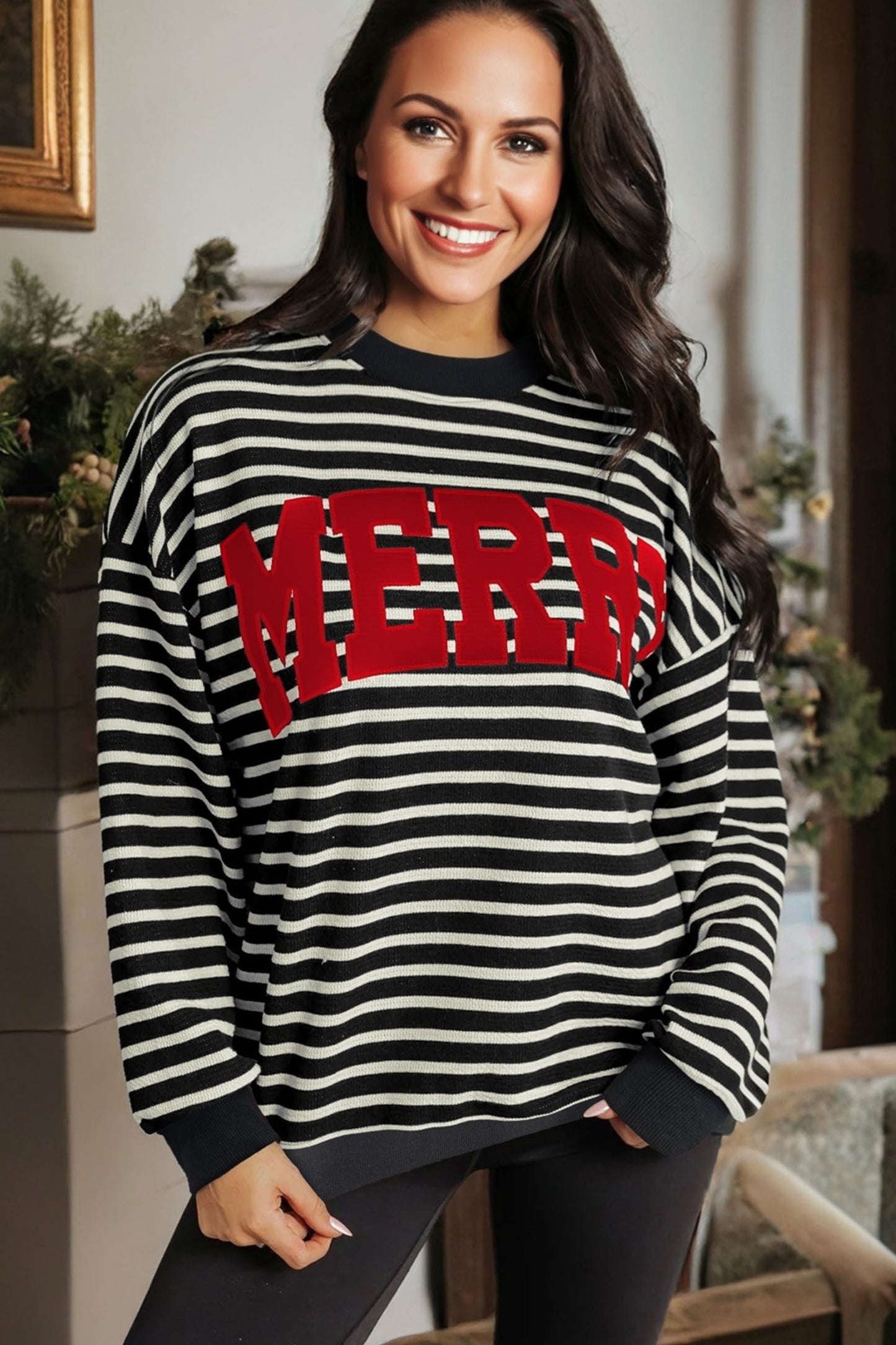 White Stripe Contrast MERRY Letter Christmas Print Drop Shoulder Sweatshirt