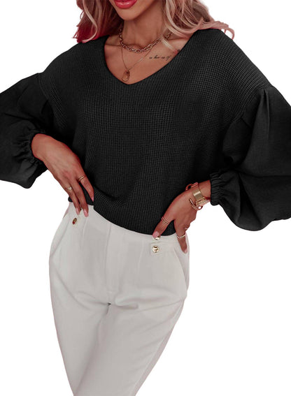 Black Waffle Knit Balloon Sleeve Splicing V Neck Top - L & M Kee, LLC