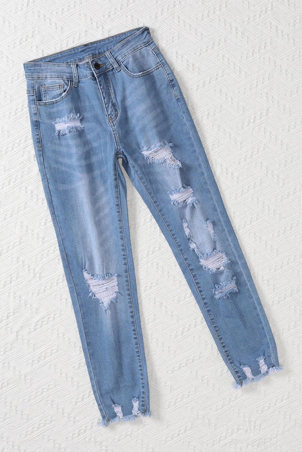 Light Blue Distressed Boyfriend Denim Pants - L & M Kee, LLC