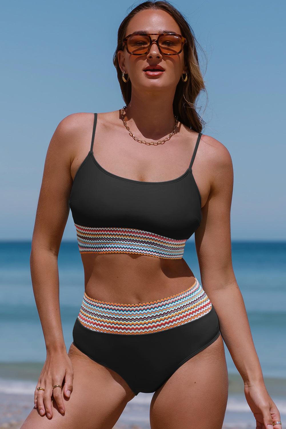 Black Striped Patchwork Spaghetti Strap High Waist Bikini Swimsuit - L & M Kee, LLC