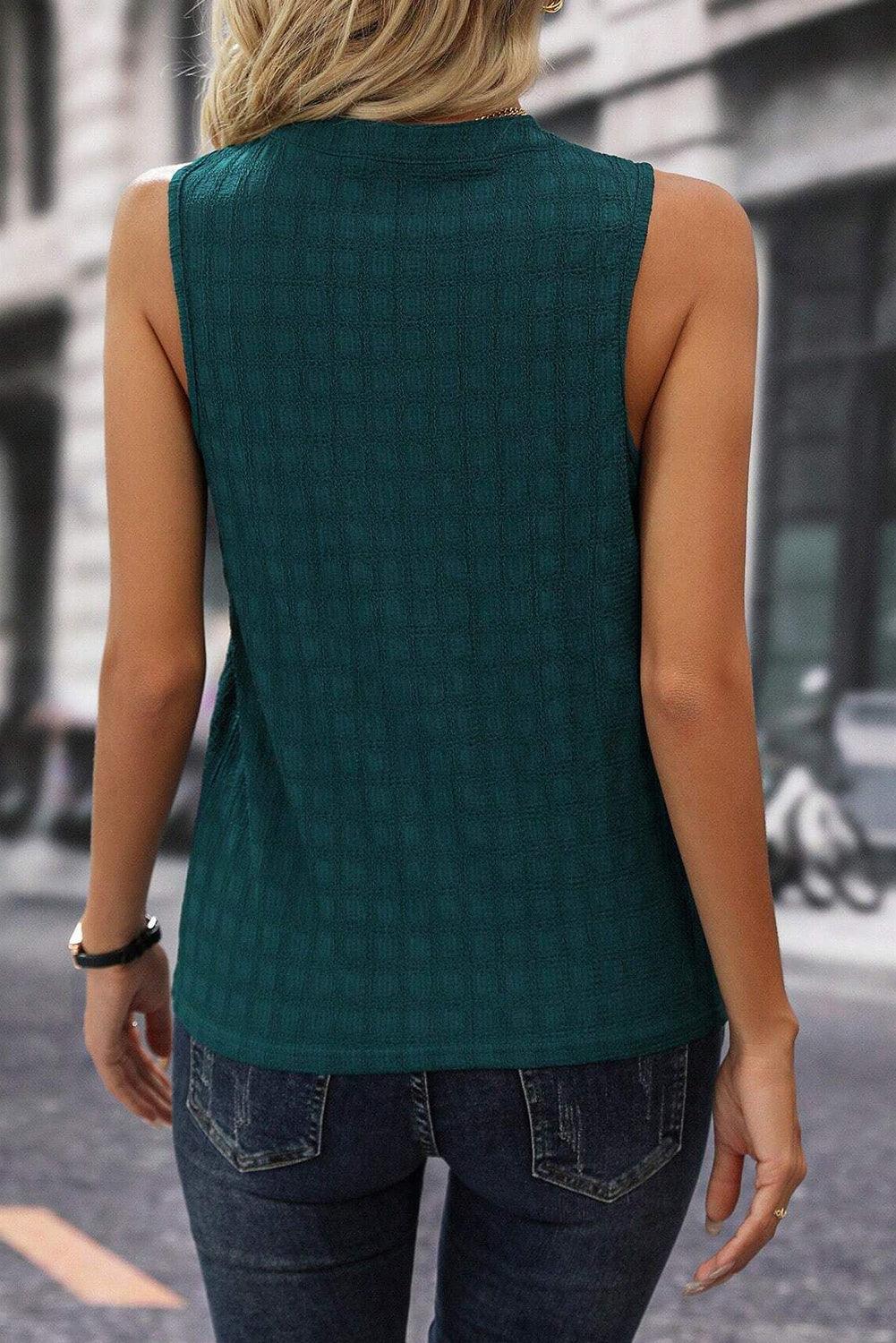 Sea Green Lattice Textured Split Neck Tank Top - L & M Kee, LLC