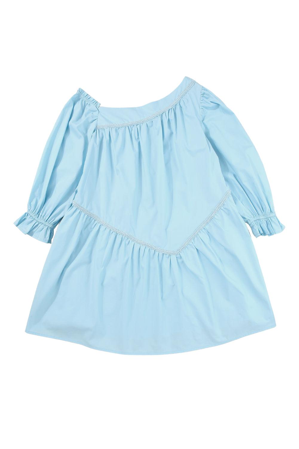 Sky Blue Exquisite Trim Puff Sleeve Asymmetric Swing Mini Dress - L & M Kee, LLC