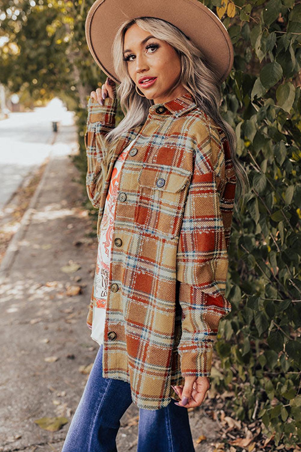 Red Oversized Flap Pockets Plaid Shacket with Slits - L & M Kee, LLC