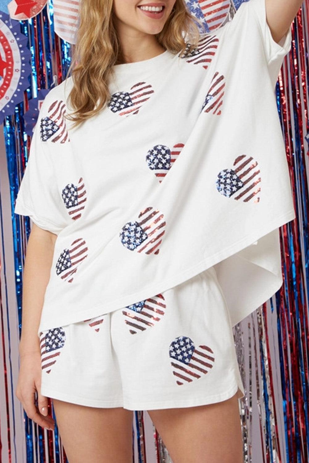 White American Flag Sequin Graphic Loose Top and Short Set - L & M Kee, LLC