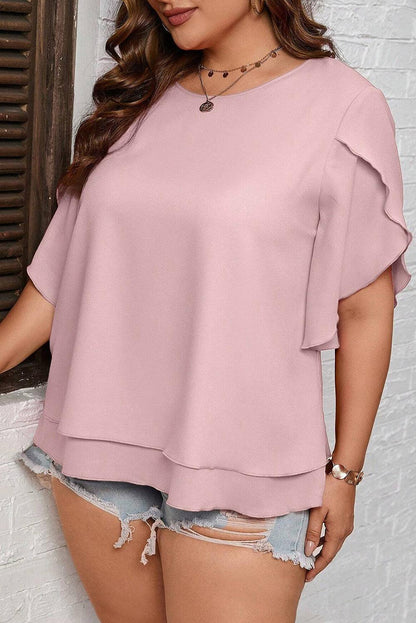 Light Pink Plus Size Frilly Overlap Sleeve Double Layered Blouse - L & M Kee, LLC