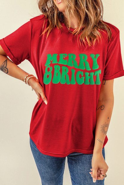 Red MERRY BRIGHT Letter Crew Neck Christmas T Shirt