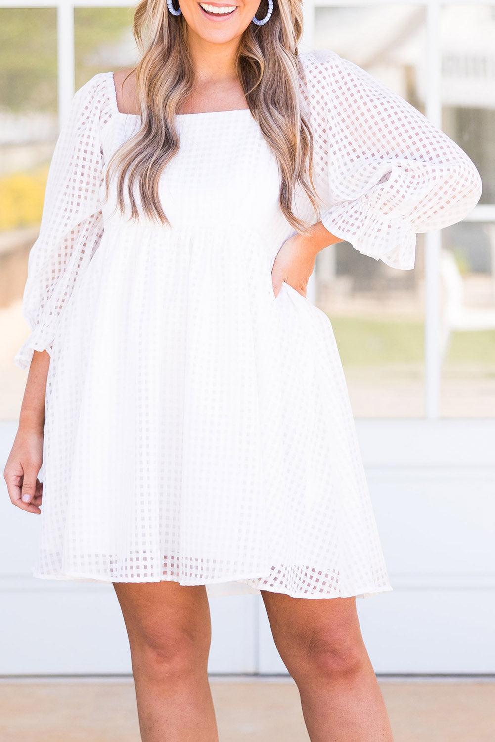 Gingham Square Neck Puff Sleeve Plus Size Dress - L & M Kee, LLC