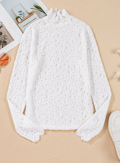 White Flower Lace See Through Mock Neck Long Sleeve Top