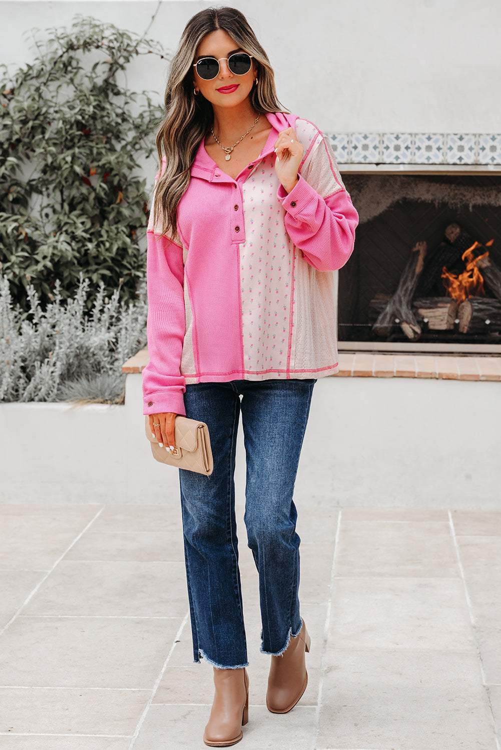 Pink Mixed Texture Waffle Floral Patchwork Hooded Oversize Pullover